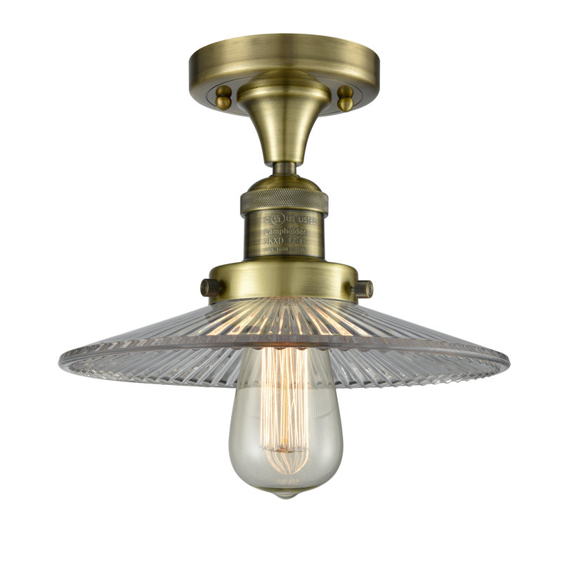 Katalina Glass Semi Flush Mount, Antique Brass, Clear Halophane, No Bulb Included