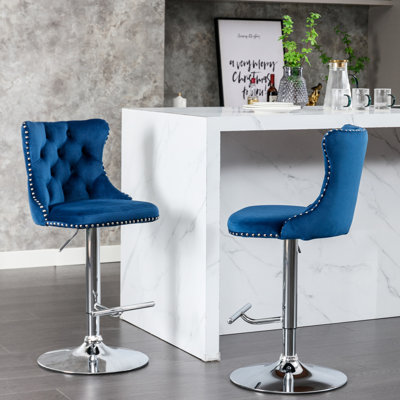 Modern Comfortable Velvet In Blue, Adjustable Seat Height 25 - 33 Inch For Home And Pub Kitchen Island   Of 2 Blue Swivel , Inch, Upholstered With Back