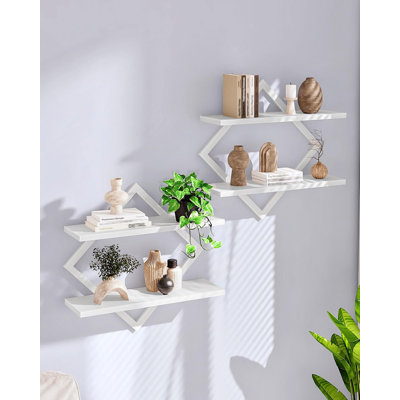 Floating Shelves Set Of 2, Double Tier Wall Mounted Shelves With Diamond Design For Living Room, Bedroom, Kitchen And Office Storage