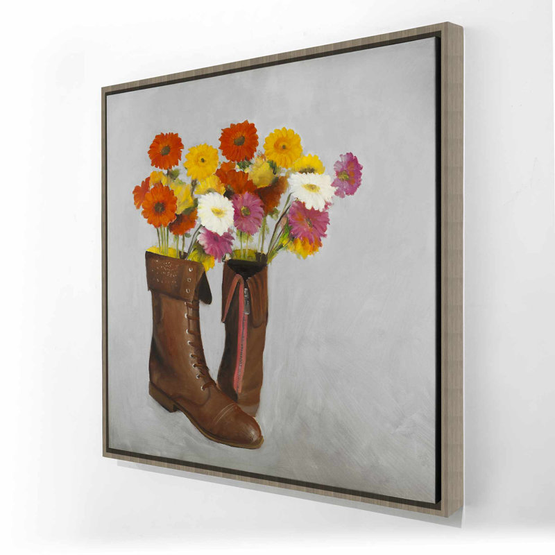Chaussures rustiques brunes sur toile - Bottes avec marguerites