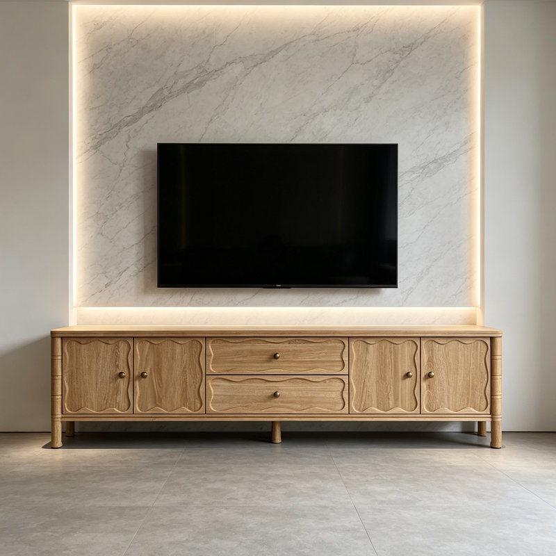 Meuble télé simple en bois avec rangement multiple, H 21,65 po x l 86,61 po x P 15,74 po