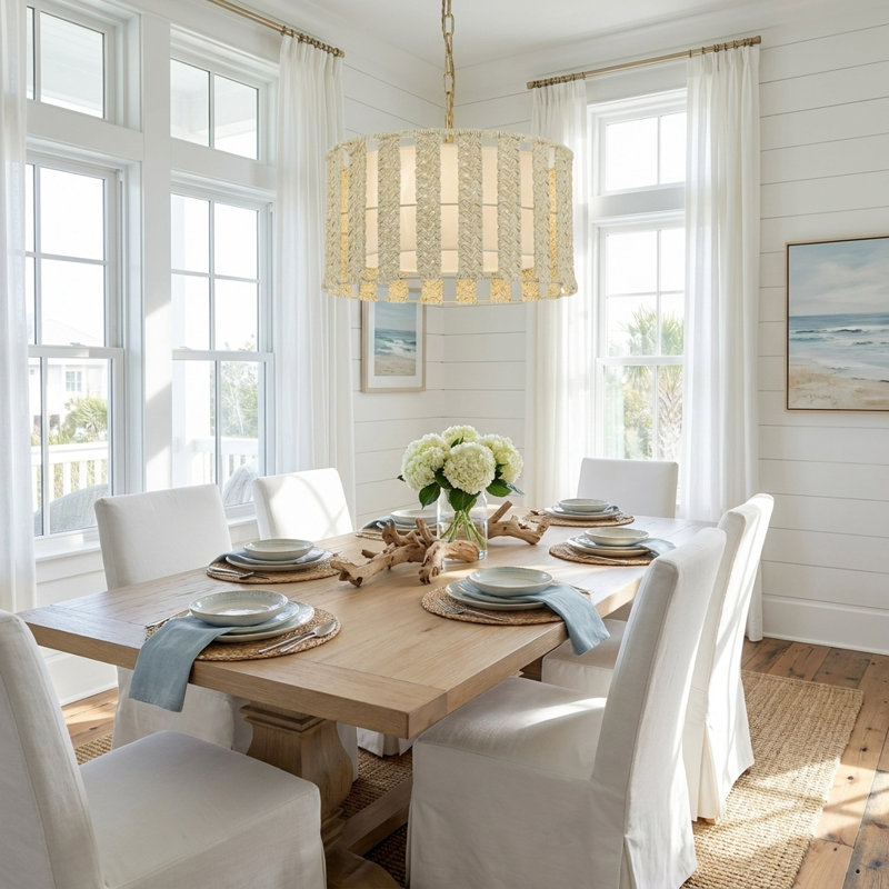 Roka 3-Light White Woven Drum Pendant Light with Linen Shade