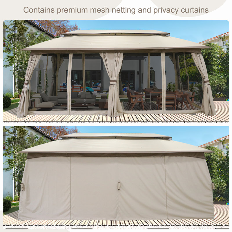 Beige Metal Patio Gazebo with Double-Tier Roof and Curtains