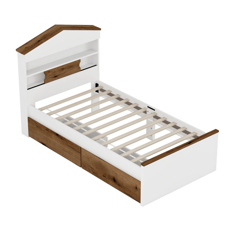 Twin Size House-Shaped Wooden Bed with Storage Shelf on the Headboard, Built-in Two Storage Drawers, Brown