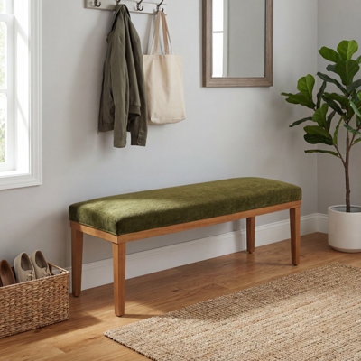 Modern Entryway Bench with Fabric Cushion, 53" Hallway Seat for Putting On Shoes, Wooden Legs, Green Upholstery​​