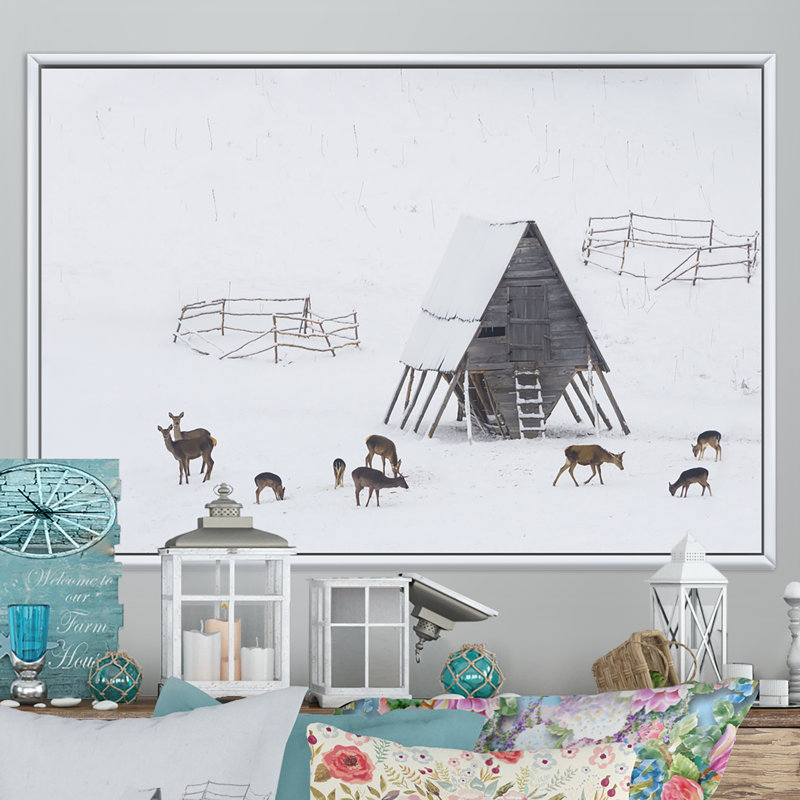 Chevreuils sur la neige - reproduction d'art sur toile traditionnelle, H 8 po x l 12 po x P 1 po, Cadre flottant blanc