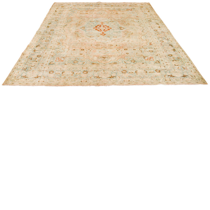 Tapis unique ivoire / bleu 8 pi 1 po x 11 pi 3 po années 1990