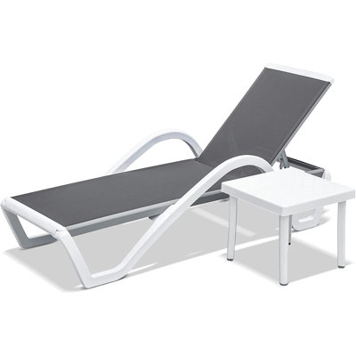 Méridiennes de patio réglables en aluminium avec accoudoirs pour l'extérieur, dans la piscine, sur la pelouse (gris, 1 chaise longue + 1 table en plastique)