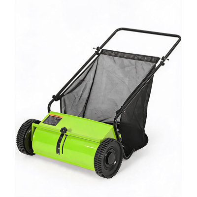 Balayeuse à gazon 21 pouces - 6 pieds cubes Trémie, 3 brosses rotatives en forme de V, 5 niveaux de réglage de la hauteur, ramasse-feuilles robuste pour pelouses, allées, patios, aiguilles de pin, vert clair