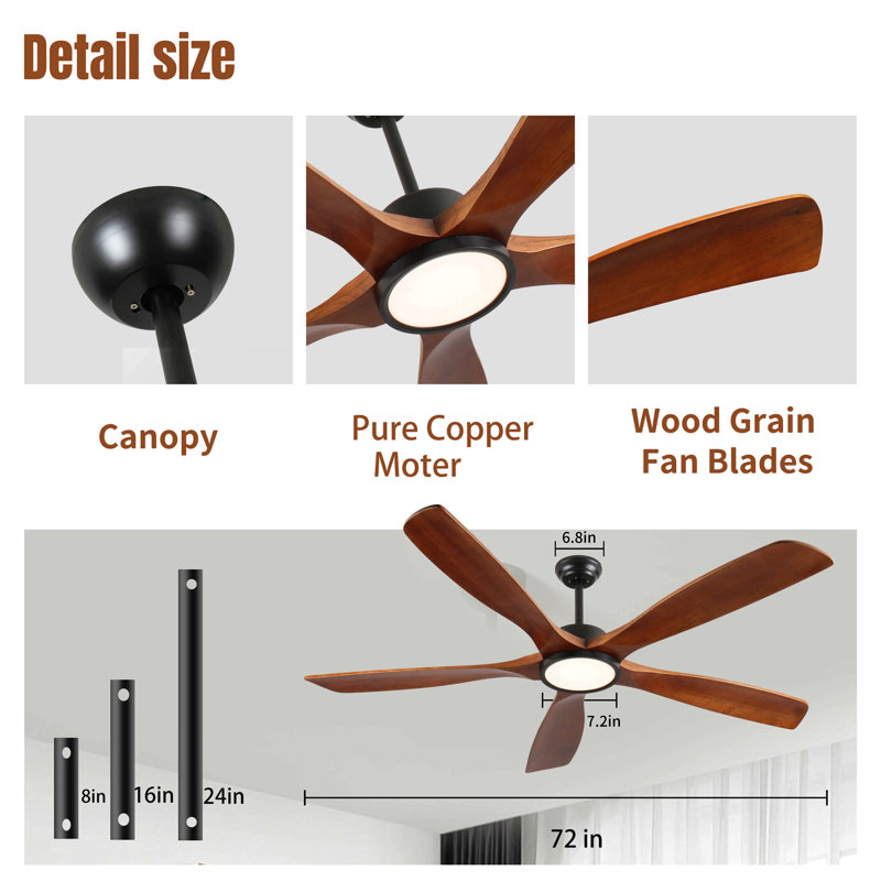 Ventilateur de plafond en bois 72 po avec lumière, ventilateur de plafond à profil bas avec télécommande, moteur à courant continu réversible silencieux avec minuterie