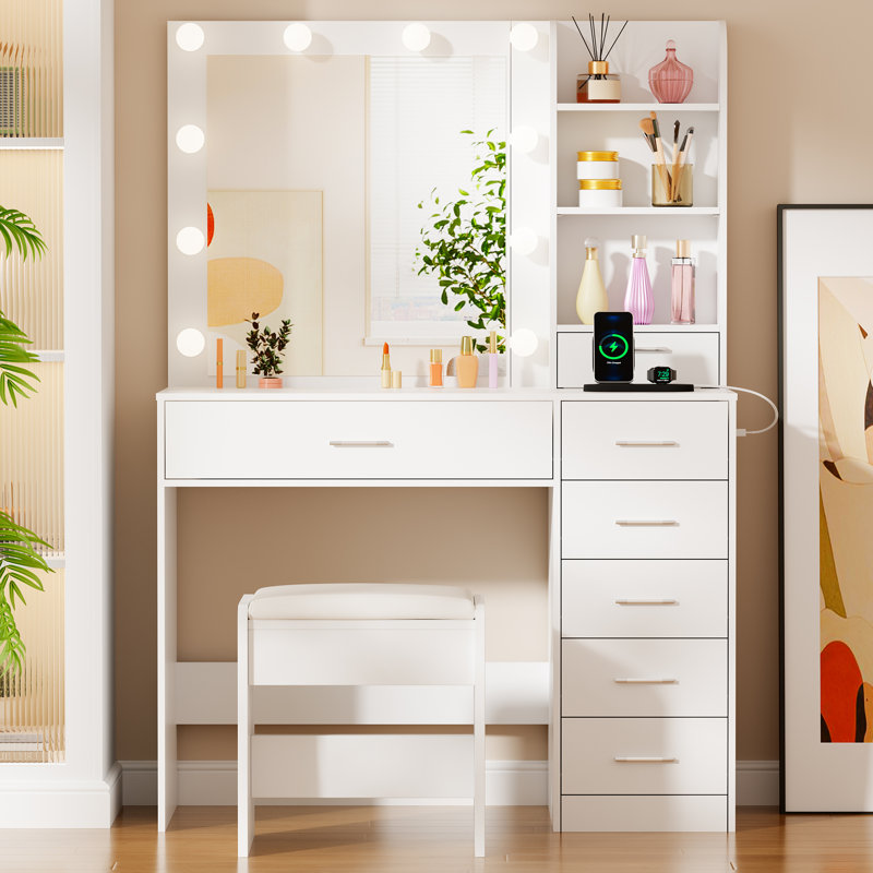 Elowen 90cm Wide Dressing Table with Led Mirror & Power Outlet, 7 Drawers and 3 Shelves