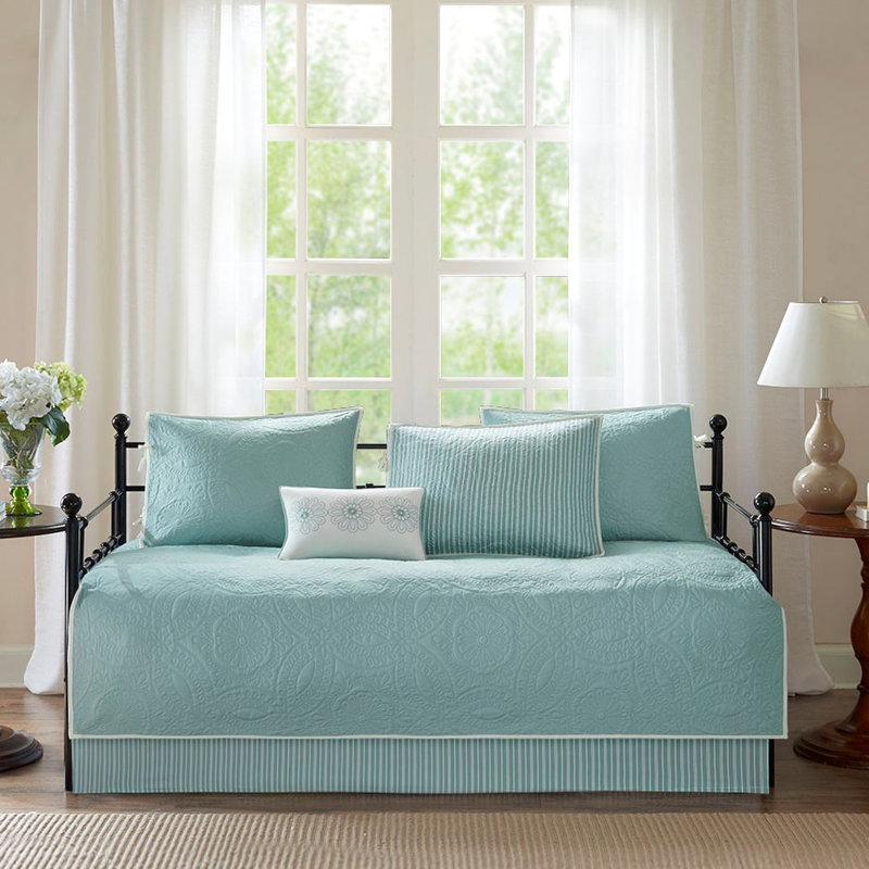 Housse de lit de jour réversible 6 pièces en bleu, simple, motif à médaillon, avec housse, 3 taies décoratives et coussin décoratif 6, ajustement pour matelas simple, chute de 15 pouces