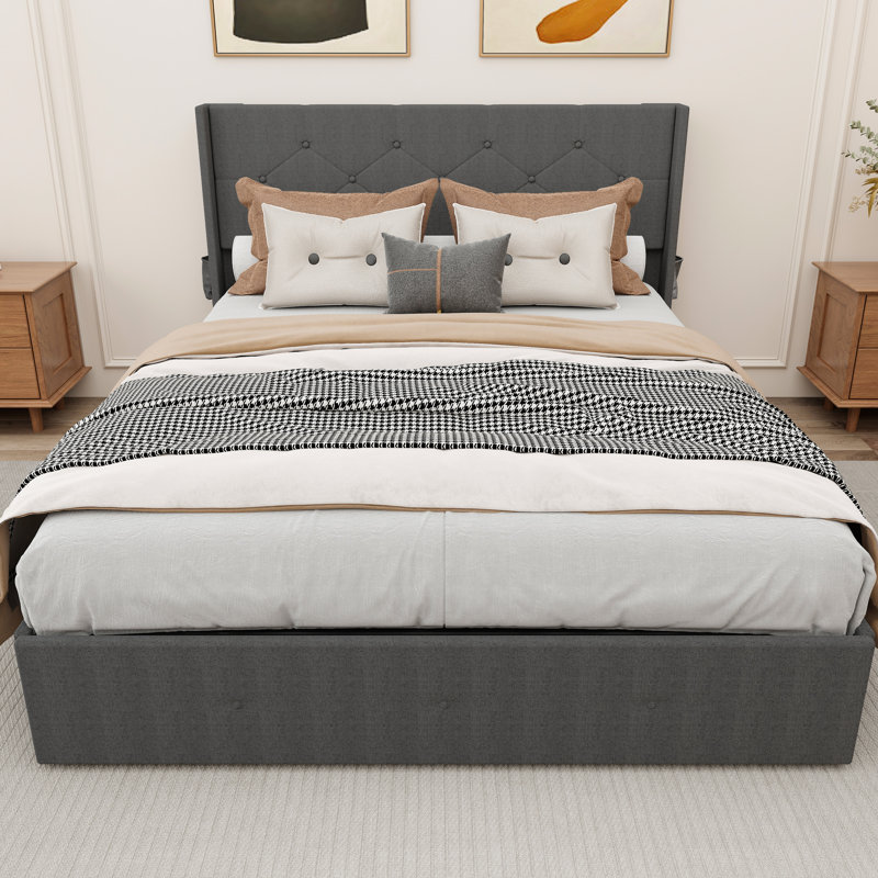 Grand lit gris foncé avec solution de rangement pratique - tête de lit à oreilles et tête de lit élégante, Grand lit