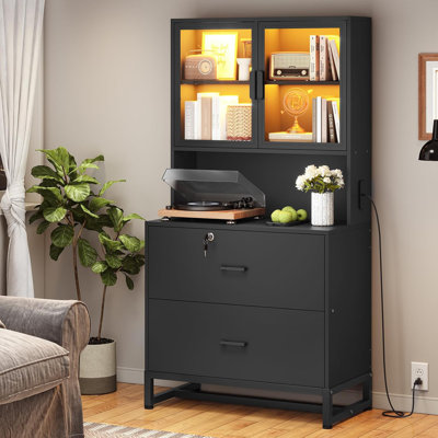 2 Drawer File Cabinet With Lock & Charging Station, Filing Cabinet Fits Letter, Legal, A4 Size, Wood File Cabinets For Home Office With Bookshelf, Pri by Ivy Bronx