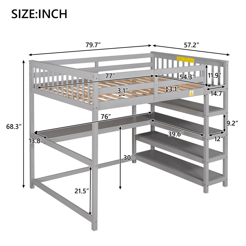 Structure de lit mezzanine avec tablettes de rangement et bureau sous le lit, bureau multifonctionnel et station de sommeil