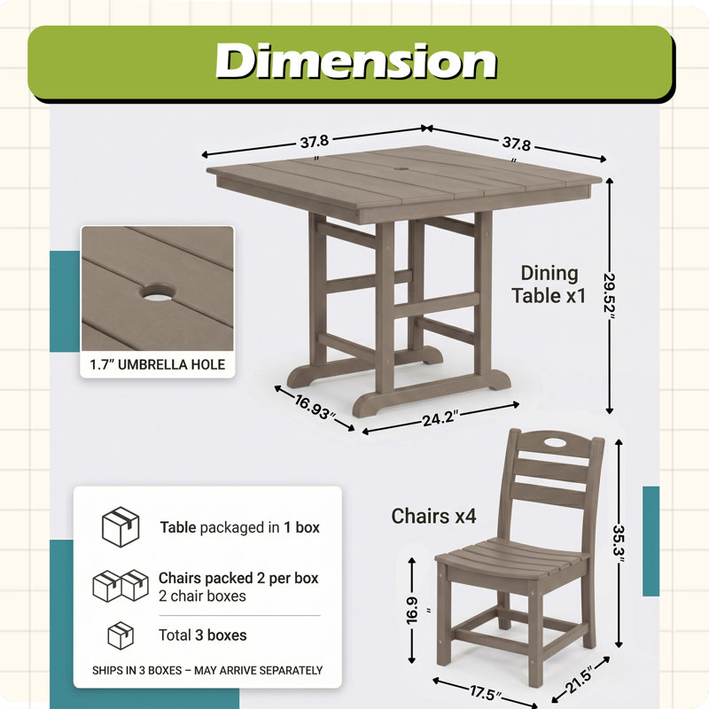 Ensemble repas d'extérieur 5 pièces en HDPE avec table carrée et 4 chaises sans accoudoirs