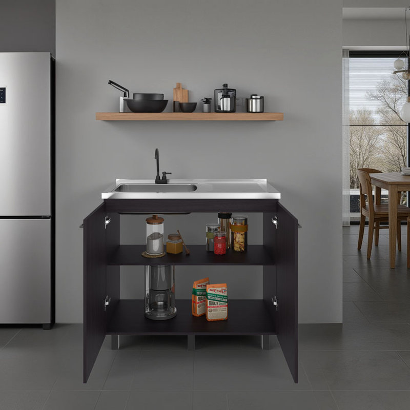 Évier utilitaire complet avec robinet, base autoportante et tablette intérieure, noir et noyer foncé, pour garages et ateliers, hauteur 87 cm (34,25 po), robinetterie moderne interchangeable, compatible avec toutes les pièces.