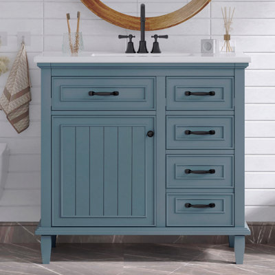 Meuble-lavabo 36 po avec comptoir en céramique, armoire en bois massif, panneau de fibres à densité moyenne et peuplier, tiroirs rabattables, tablette réglable, poignées en alliage de zinc