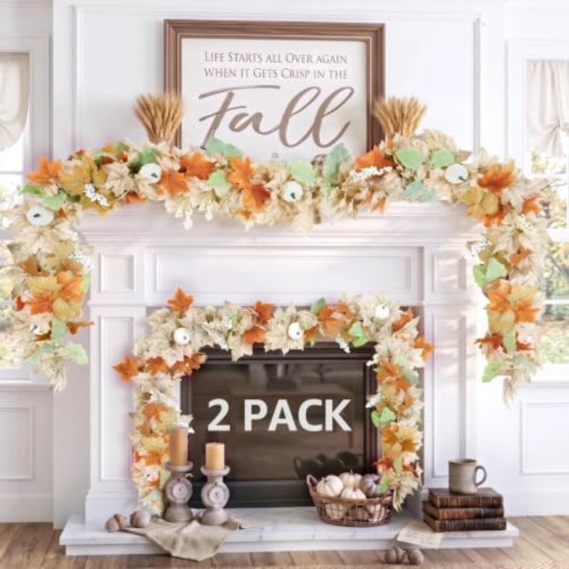 Guirlande d'automne neutre pour foyer de cheminée - Paquet de 2 feuilles d'automne de 6 pi décoratives pour la maison