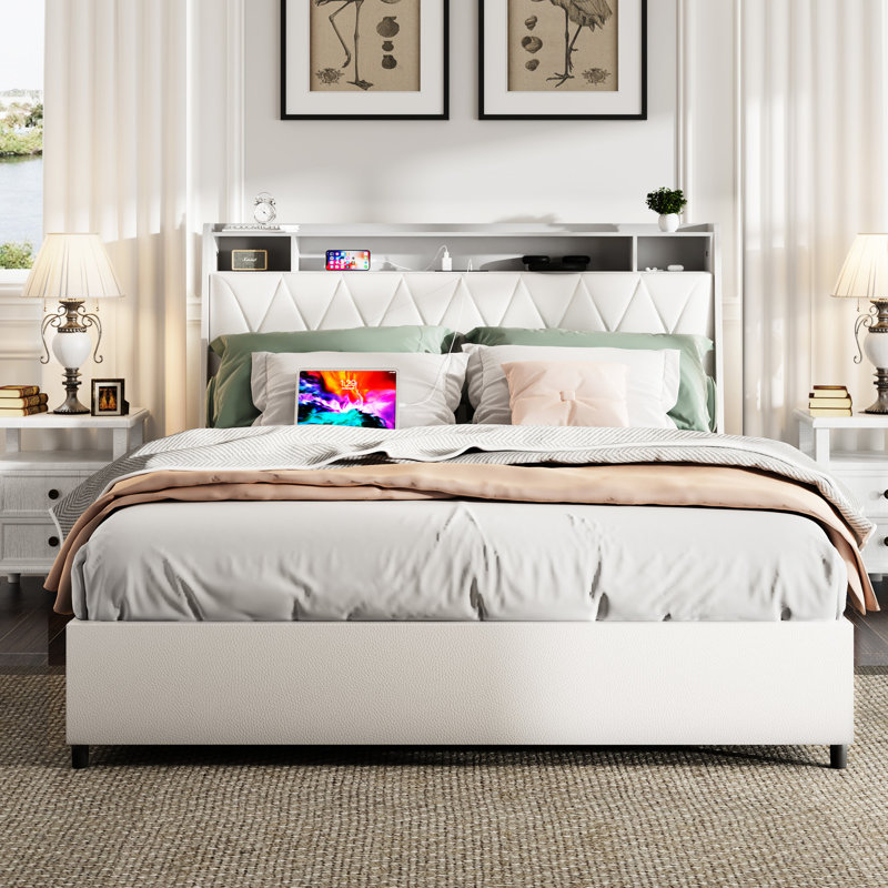 Cadre de lit avec tête de lit ergonomique, cadre de lit plateforme avec prises et chargeur intégrés, cadre de lit en métal avec tablette de rangement intégrée, silencieux et sommier non requis