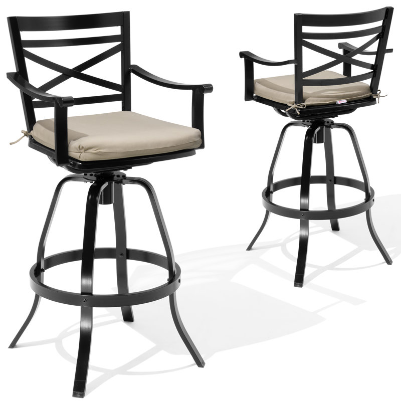 Tabourets de bar pivotants en aluminium avec coussin Sunbrella, Toile beige antique