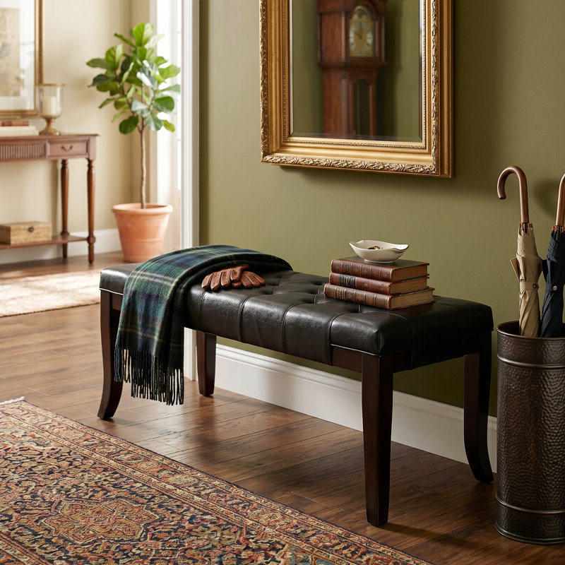 Tufted Bench For Livingroom, Black Leather