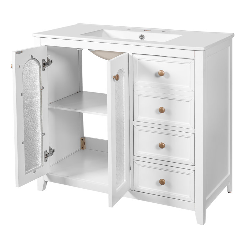 Meuble-lavabo de 35,42 po avec poignées dorées luxueuses, armoire à fermeture en douceur et évier protégé contre les débordements, lavabo en céramique facile à nettoyer, mécanisme de fermeture silencieuse, grand tiroir de rangement