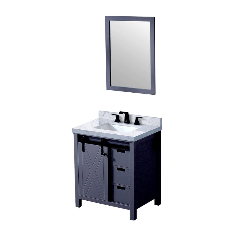 Meuble-lavabo gris foncé 30 po X P 22 po D, comptoir en marbre de Carrare, ensemble de robinets et Miroir