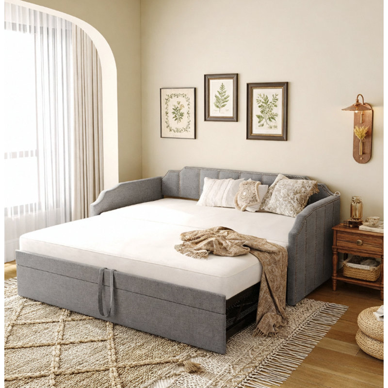 Lit de jour rembourré avec couchette escamotable et ports de charge USB, Gris