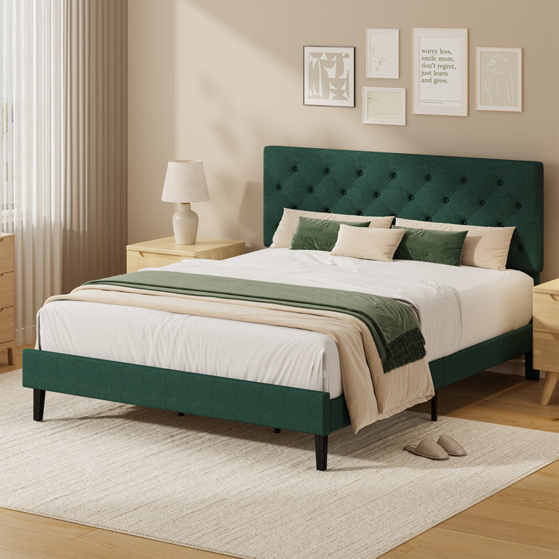 Bed Frames with Button Tufted Headboard, Linen Upholstered Bed with Wooden Slats Support, 150x200, Green