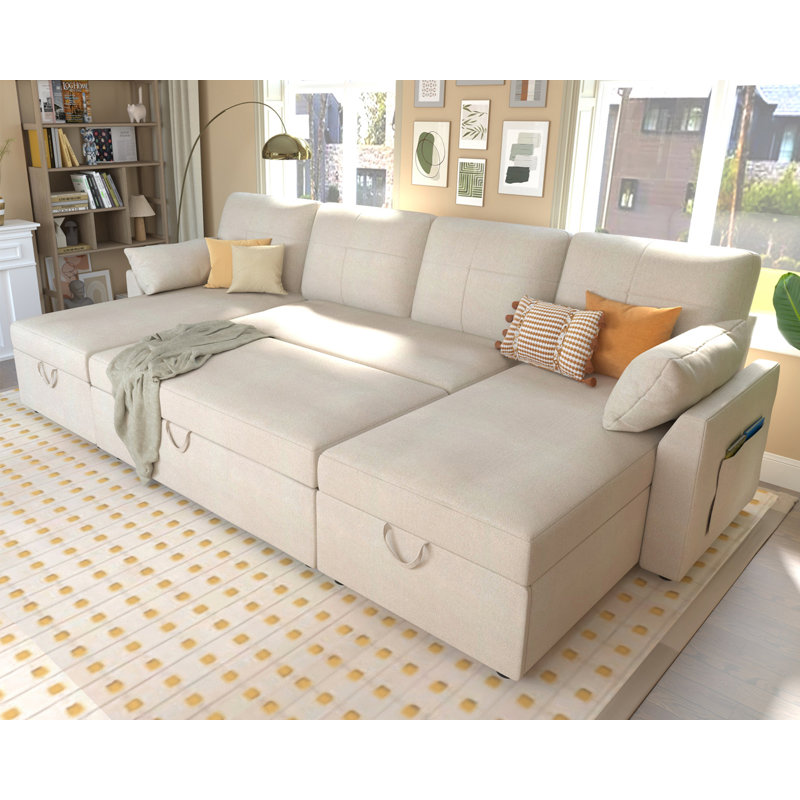 110-Inch Beige Chenille Sectional Sleeper Sofa with Storage Chaise