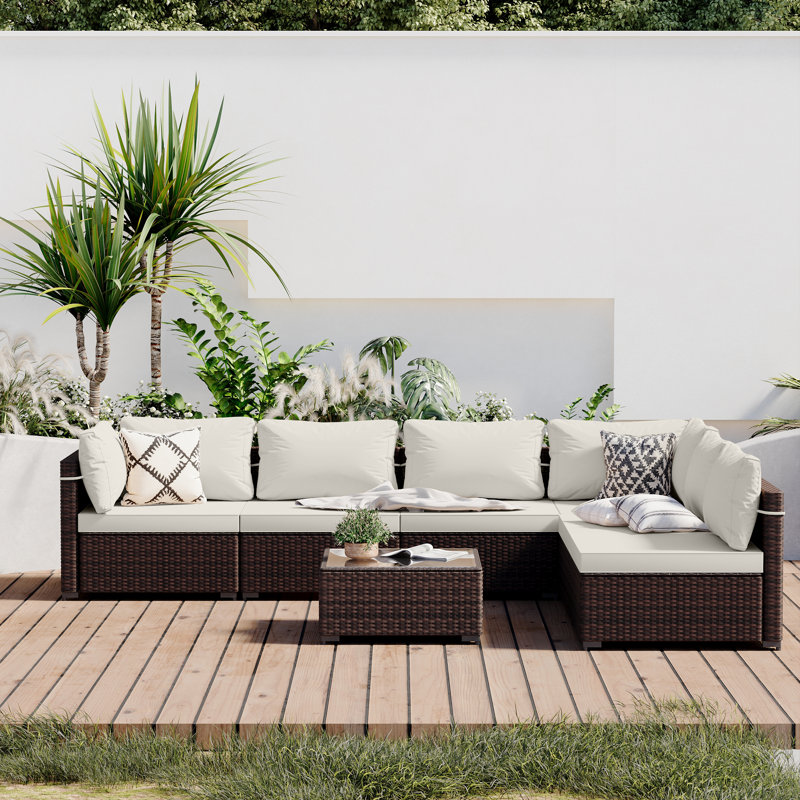 Forksville Wicker 6 - Person Modular Patio Conversation Set with Cushions, White Cushion/Brown Frame