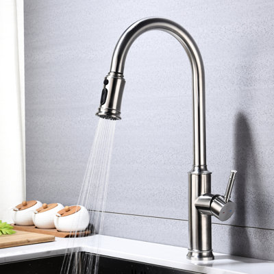 Robinet de cuisine avec douchette extractible, finition en nickel brossé, fabrication en acier inoxydable, buse rotative à 360 ° pour un contrôle pratique de l'eau, revêtement anticorrosion et antirouille, écoulement à poignée simple