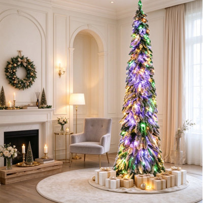 Arbre de Noël à crayon mince avec branches enneigées, lumières DEL pré-éclairées pour une fête intérieure
