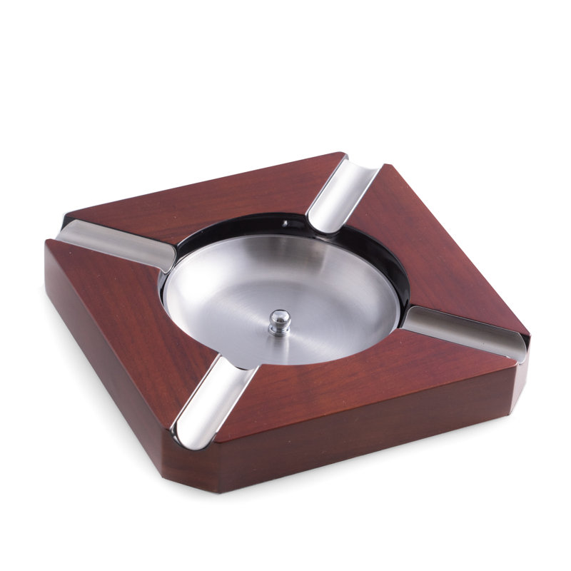 Elegant Stainless Steel and Walnut Wood Cigar Ashtray