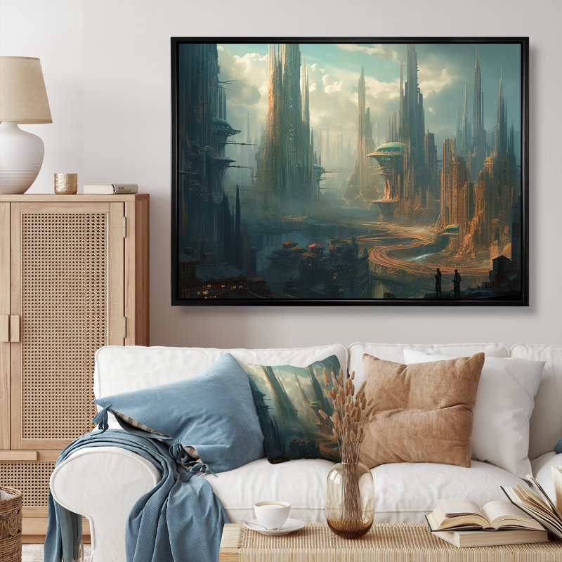 Futuristic City I, reproduction d'art sur toile, Cadre photo noir, H 12 po x l 20 po x P 1 po