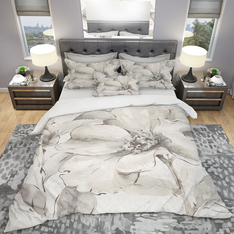 Ensemble de housse de couette Farmhouse Indigold - pivoines grises IV - microfibre de polyester