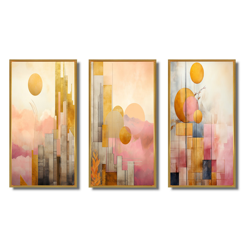 «Golden Moon Dreams Retro Illustration III», 3 pièces, Cadre flottant doré, H 40 po x l 60 po