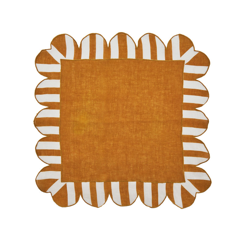 Jardin Embroidered Linen Scalloped Stripe Napkins, Amber/White