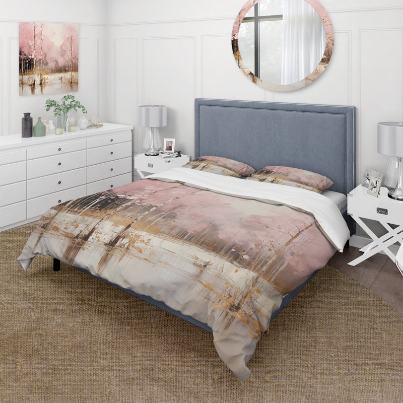 Ensemble de housse de couette Minimalisme rose et doré Forest I - Forest, Housse de couette simple et deux taies décorative