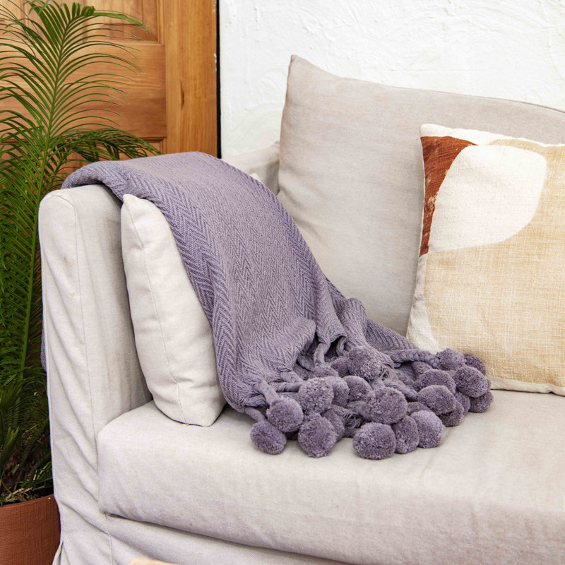 Playful Poms Gray Cotton Throw Blanket with Pom Pom Trim
