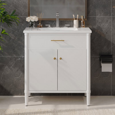 Meuble-lavabo de 31 po avec lavabo, conception à profil incurvé, pieds en bois d'hévéa, portes à fermeture en douceur, tablette réglable