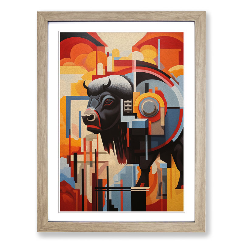 Bison Constructivism Art - Framed Print, 34cm H x 25cm W x 2cm D, Oak Framed