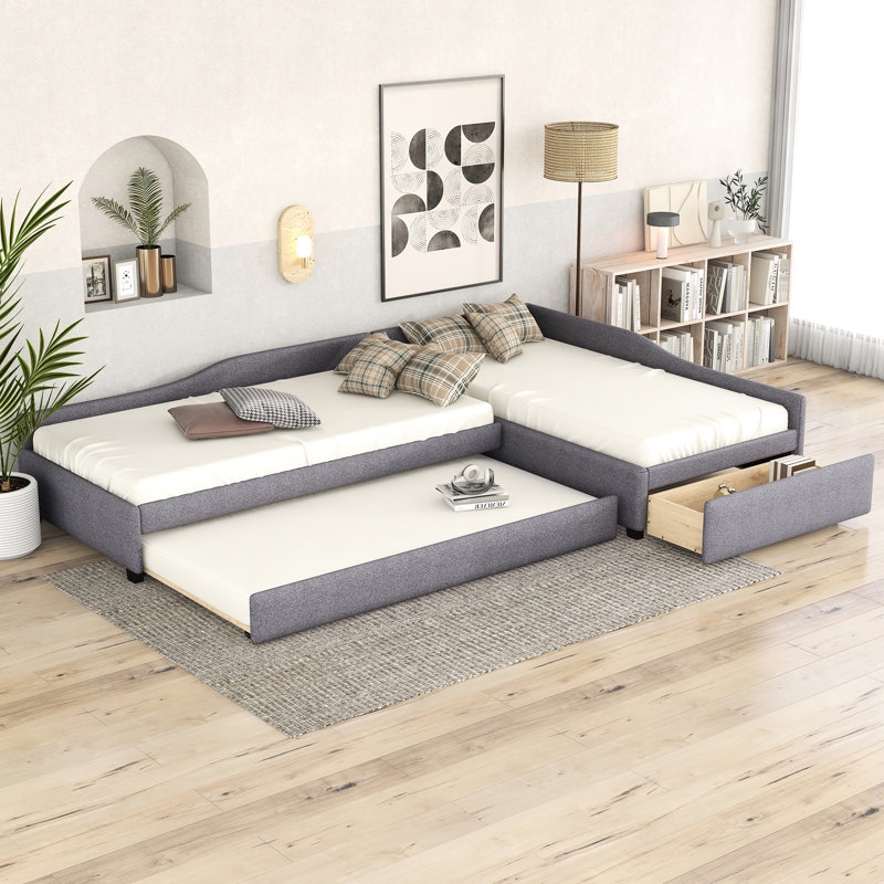 Upholstered Daybed In Gray With Trundle And Drawer - Twin Sized, Plywood Built, Offers Versatile Usage Size Relaxation, Frame For Durability