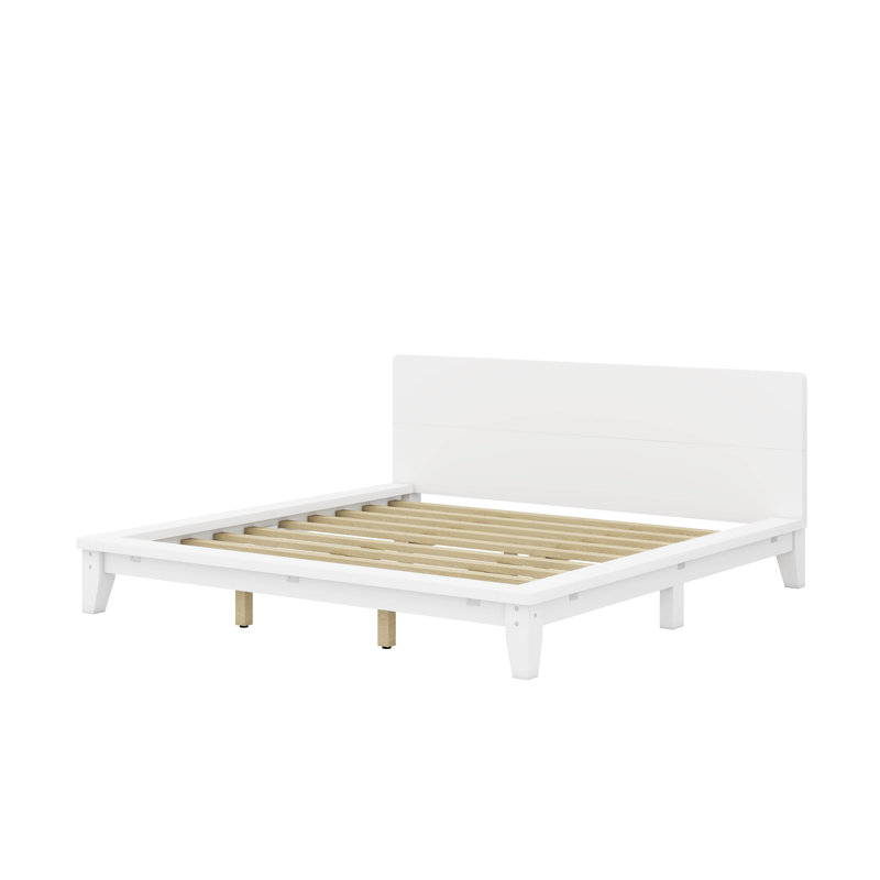 Lit plateforme en bois avec tête de lit, aucun sommier requis, support de lattes de bois, Blanc, Très grand lit