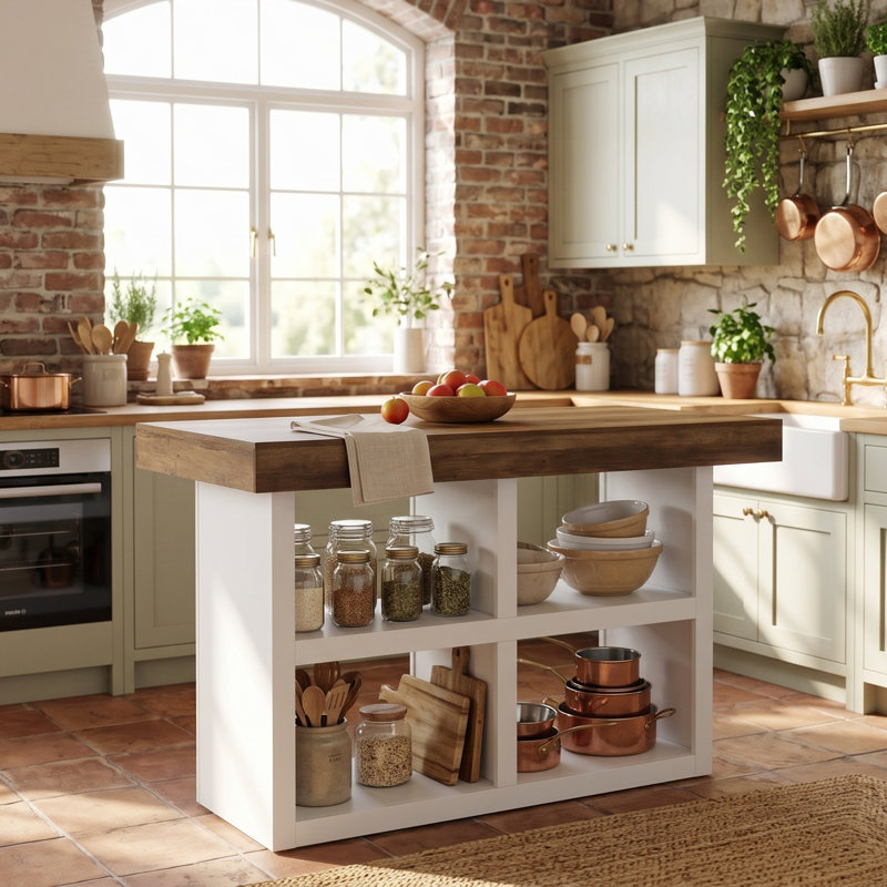 Îlot de cuisine de 140 cm avec rangement, table en bois, brun et blanc