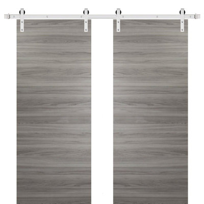 Sturdy Double Barn Door With Hardware | Planum 0010 | 13FT Rail Hangers Heavy Set | Modern Solid Panel Interior Doors - Silver Rail