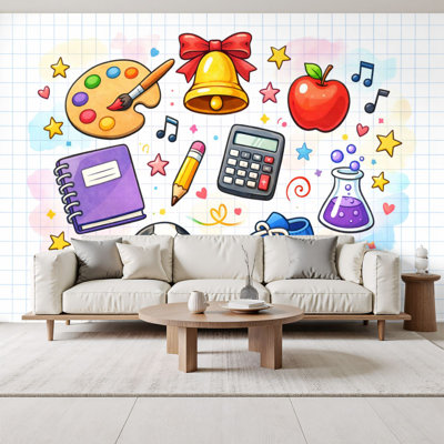 Kids Learning Peel and Stick Wallpaper for Classroom Colorful School Supplies Playful Icons Fun Illustrative Wall Murals 69"H x 96"W Removable PVC Wall Paper Self-Adhesive Wall Decor for Bedroom Nursery