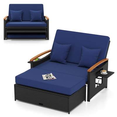 Outdoor Wicker Daybed With Folding Panels & Storage Ottoman, Blue