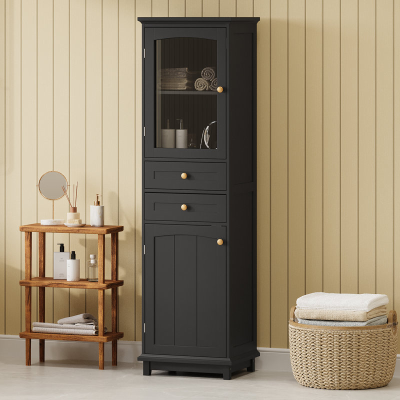 Armoire d'appoint de salle de bain 63 "avec portes et tiroirs en verre Dispositif, Noir